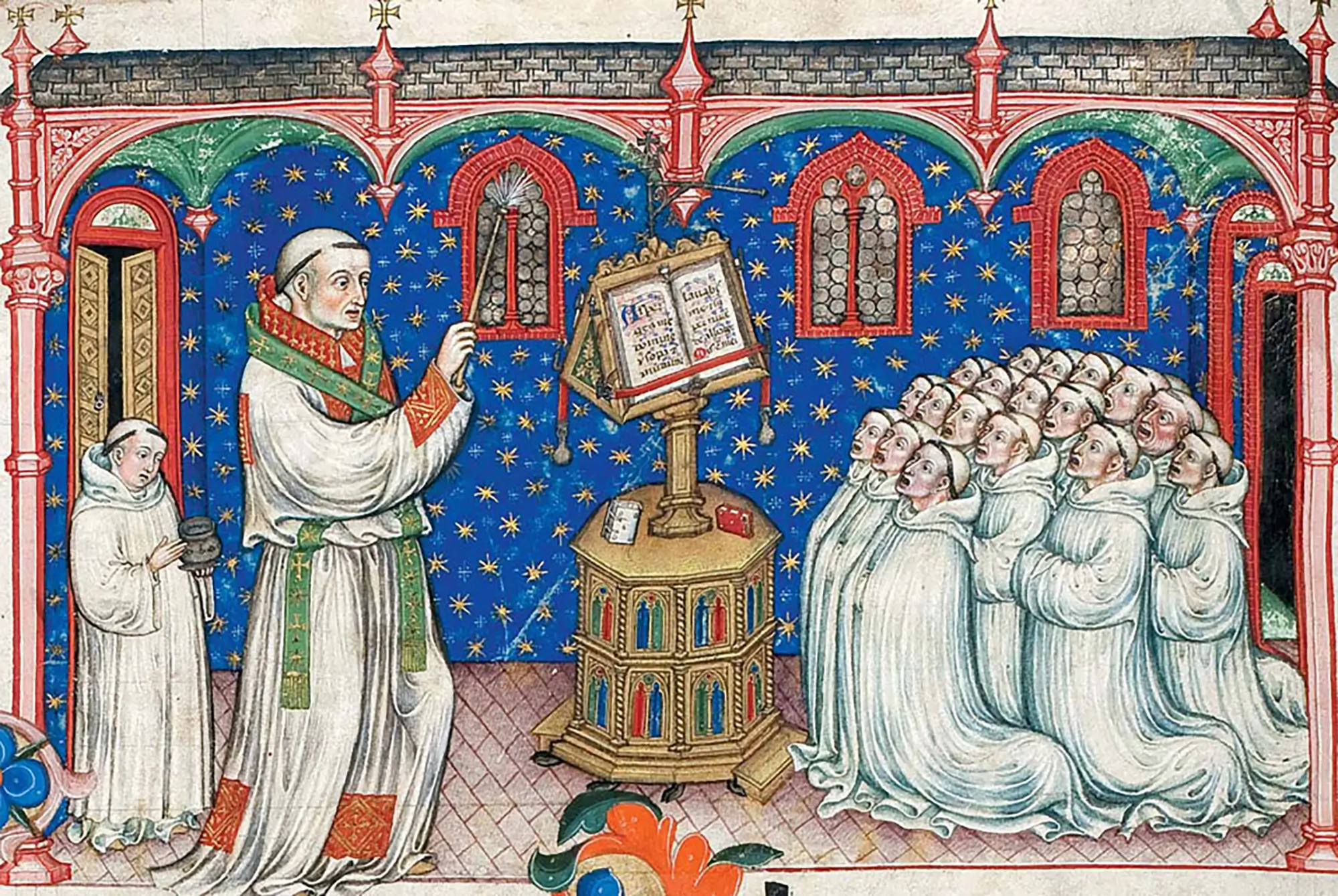 Monks singing the office in the Olivetan Gradual. Italy (Lombardy), c. 1439-1447.